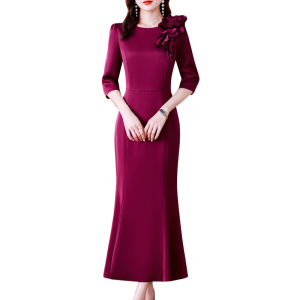 RM24578#旗袍改良秋季紫色喜婆婆婚宴装敬酒服妈妈长款鱼尾礼服