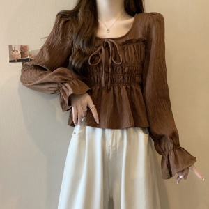 RM23995#大码女装新款甜美圆领系绳衬衫皱褶设计感小众长袖衬衣