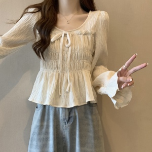 RM23995#大码女装新款甜美圆领系绳衬衫皱褶设计感小众长袖衬衣