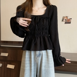 RM23995#大码女装新款甜美圆领系绳衬衫皱褶设计感小众长袖衬衣