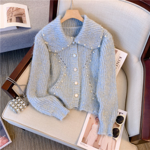 RM24441#法式娃娃领慵懒风重工钉珠毛衣外套小香高级感针织开衫上衣