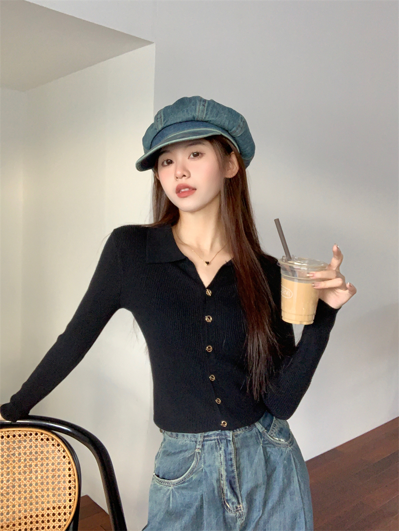 Real shot of spring new Korean style polo collar button design knitted cardigan with sweater jacket for women