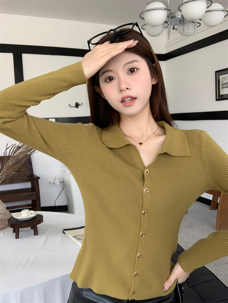 Real shot of spring new Korean style polo collar button design knitted cardigan with sweater jacket for women