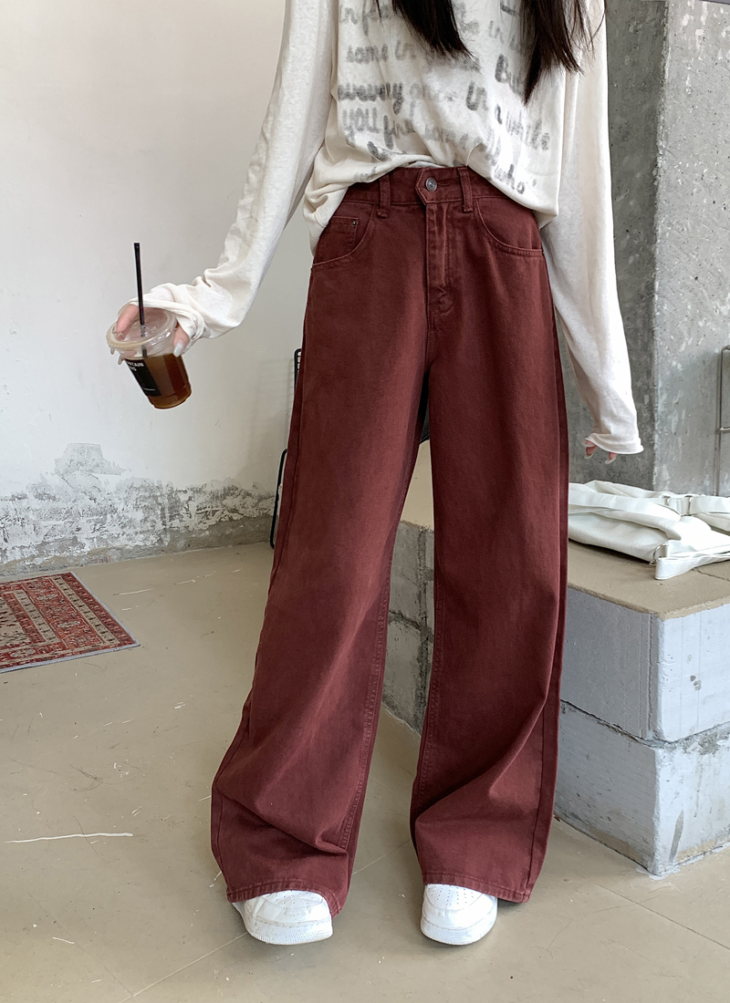 Real shot 2024 spring brick red Maillard retro jeans women's casual loose high-waisted trousers