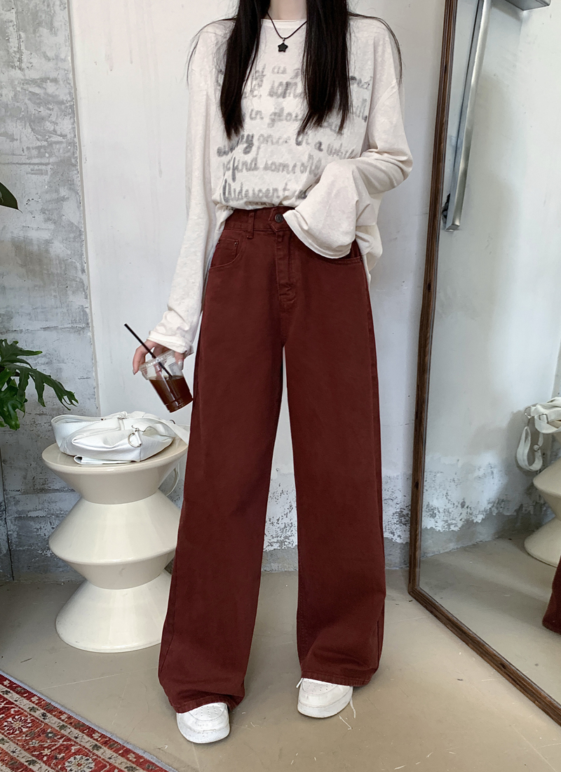 Real shot 2024 spring brick red Maillard retro jeans women's casual loose high-waisted trousers