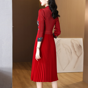 RM24148#新款法式中长款气质收腰显瘦西装领百褶裙格子假两件连衣裙