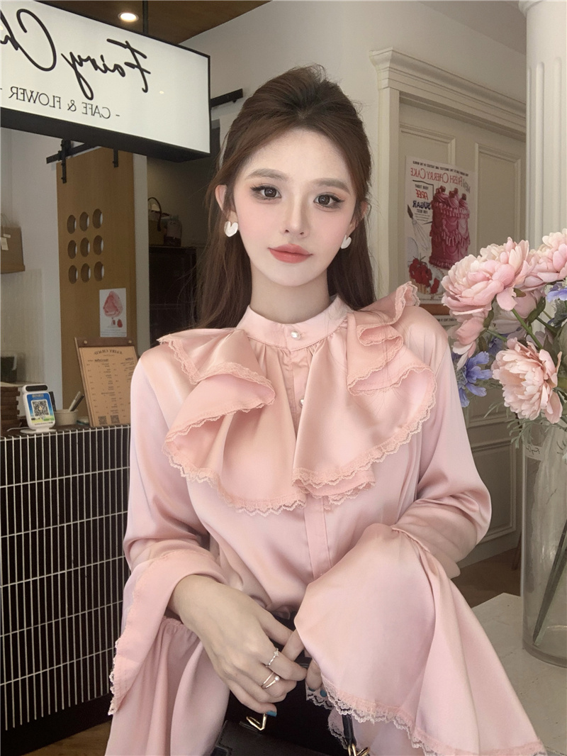 Actual shot of retro temperament trumpet sleeves stand-up collar satin shirt French design loose shirt for women