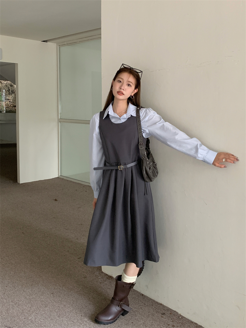 Actual shot ~ Western-style sleeveless suit material dress with high-end feel + lantern sleeve shirt as base layer for autumn and winter long sleeves