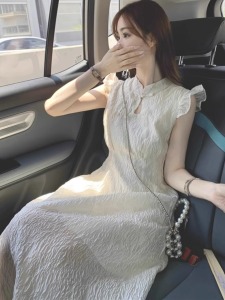 RM24011#少女裙子法式初恋小飞袖改良旗袍杏色连衣裙