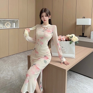 RM24791#新款复古改良日常气质御姐中长款旗袍连衣裙