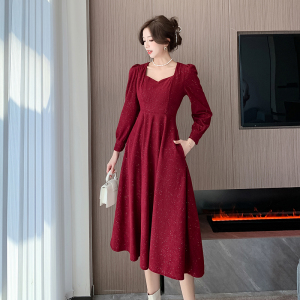 RM24171#灯芯绒优雅气质收腰轻奢显瘦设计感长款连衣裙