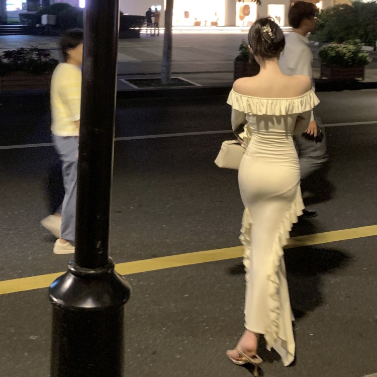 實拍實價   辣妹一字肩木耳邊修身顯瘦側開叉長袖連衣裙長款