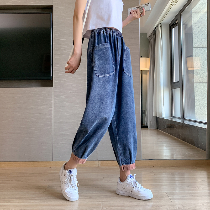 實拍復古休閑牛仔褲女松緊腰大碼寬松顯瘦文藝彩條拼接九分哈倫褲