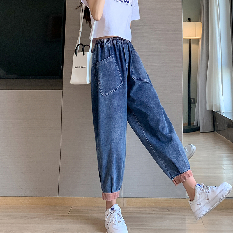 實拍復古休閑牛仔褲女松緊腰大碼寬松顯瘦文藝彩條拼接九分哈倫褲