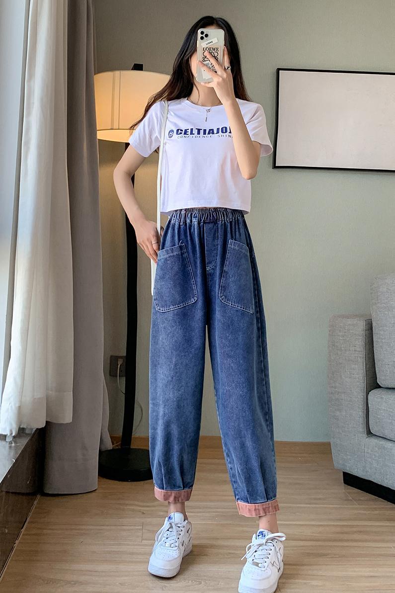 實拍復古休閑牛仔褲女松緊腰大碼寬松顯瘦文藝彩條拼接九分哈倫褲