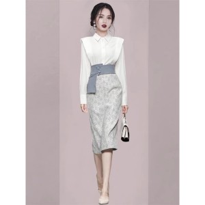 TR55917# 秋装新款女装时尚气质两件套白色衬衫衬衣提花包臀裙裙子套装 服装批发女装批发服饰货源