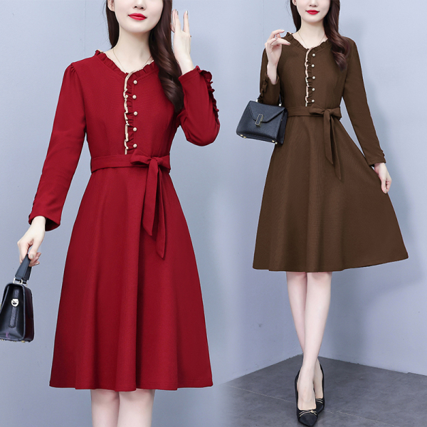 RM24772#新款高端气质时尚系带收腰显瘦甜美长袖连衣裙女荷叶边裙