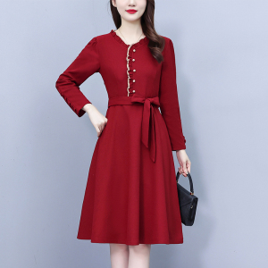 RM24772#新款高端气质时尚系带收腰显瘦甜美长袖连衣裙女荷叶边裙