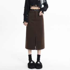 TR57979# 开叉一步工装裙女秋冬新款中长直筒毛呢包臀a字裙 服装批发女装批发服饰货源