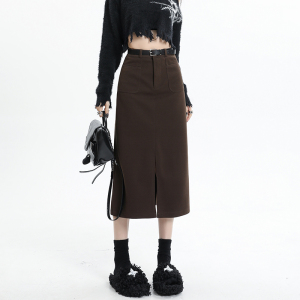 TR57979# 开叉一步工装裙女秋冬新款中长直筒毛呢包臀a字裙 服装批发女装批发服饰货源