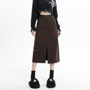 TR57979# 开叉一步工装裙女秋冬新款中长直筒毛呢包臀a字裙 服装批发女装批发服饰货源