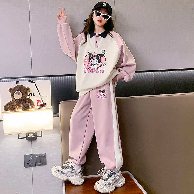 Girls Kuromi Sweatshirt Set  Autumn Style Children's Cartoon Polo Collar Top Sports Two-piece Set