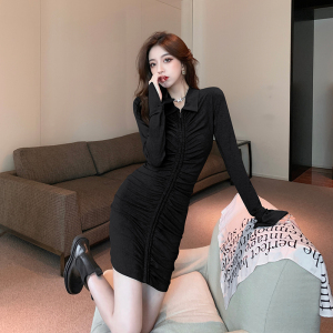 TR56397# 秋冬美式辣妹收褶修身显瘦连衣裙针织打底纯欲短裙 服装批发女装批发服饰货源