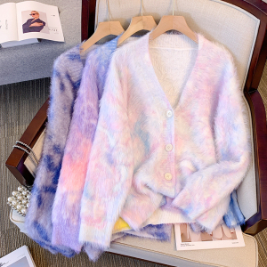 RM24635#高级感慵懒风宽松针织开衫外套防水貂彩虹软糥毛衣女