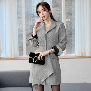 RM25021#韩版新品格子外套长袖修身本装西装V领连衣裙外套