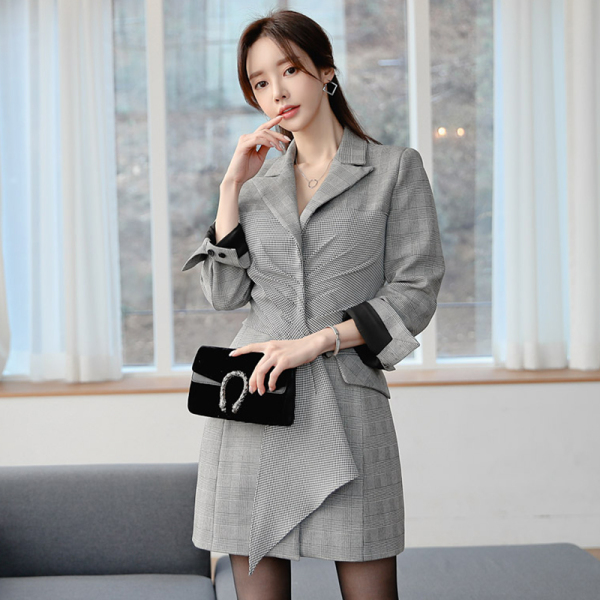 RM25021#韩版新品格子外套长袖修身本装西装V领连衣裙外套