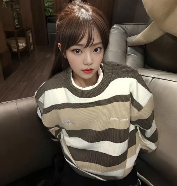 Autumn and winter clothing Korean ins high-end star embroidered stripes contrast sweater large plate type large size round neck sweater