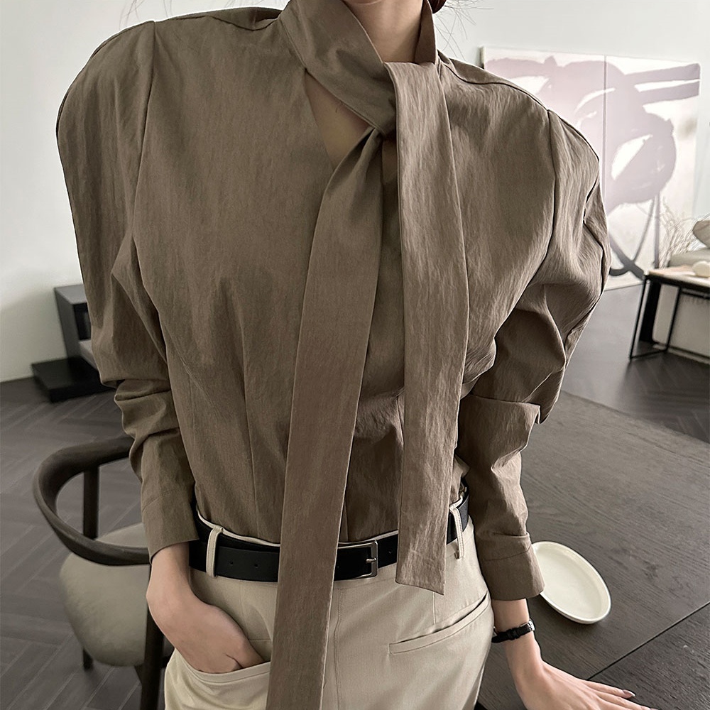 韩国chic法式复古气质单排扣飘带立领设计休闲百搭长袖衬衫