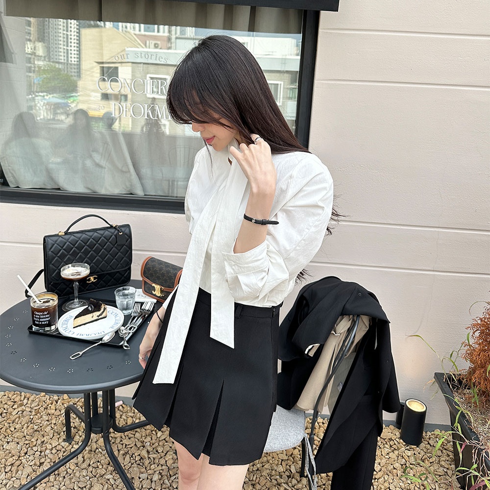 韩国chic法式复古气质单排扣飘带立领设计休闲百搭长袖衬衫