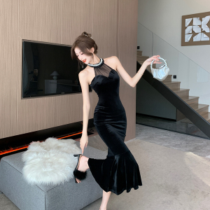 RM24222#高级感名媛手工钉珠设计礼服裙性感鱼尾连衣裙