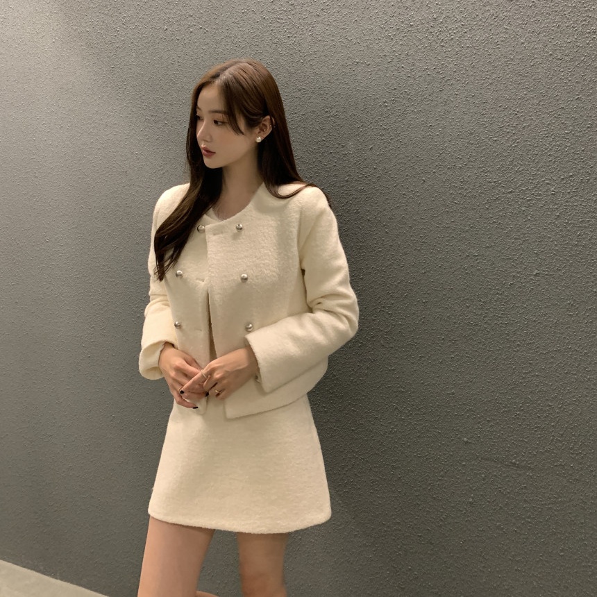 韩国chic法式名媛气质双排扣短款毛呢外套+高腰半身裙套装