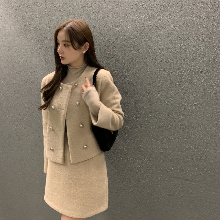 韩国chic法式名媛气质双排扣短款毛呢外套+高腰半身裙套装