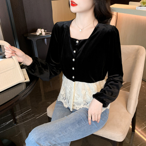 RM24368#胖mm法式方领高级感蕾丝拼接丝绒衬衫女大码收腰长袖显瘦衬衣上衣