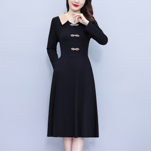 RM24770#新款修身显瘦气质减龄时尚盘扣复古装连衣裙A字裙洋气娃娃领