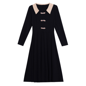 RM24770#新款修身显瘦气质减龄时尚盘扣复古装连衣裙A字裙洋气娃娃领