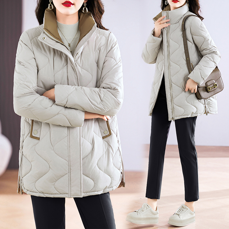 实拍大码羽绒服2023新款外套减龄棉袄立领韩版时尚波浪纹冬棉衣