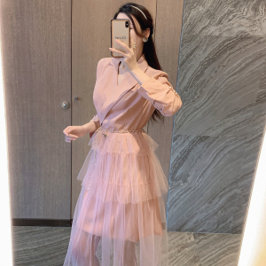TR56138# 新款西装领珍珠扣拼接网纱蛋糕裙气质连衣裙女 服装批发女装批发服饰货源