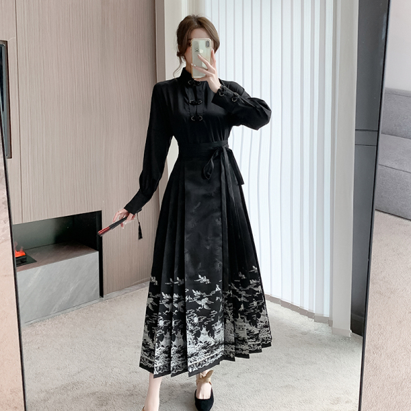 RM24377#明制汉服改良新中式衬衣新中式螺钿黑马面裙女2023秋季日常