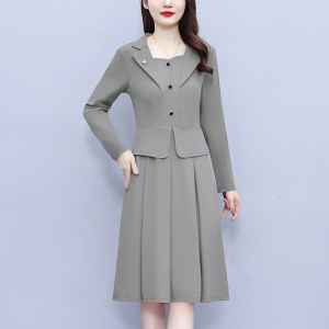 RM25310#大码女装2023秋冬季西装领瑞丽气质减龄法式中长款超修身连衣裙