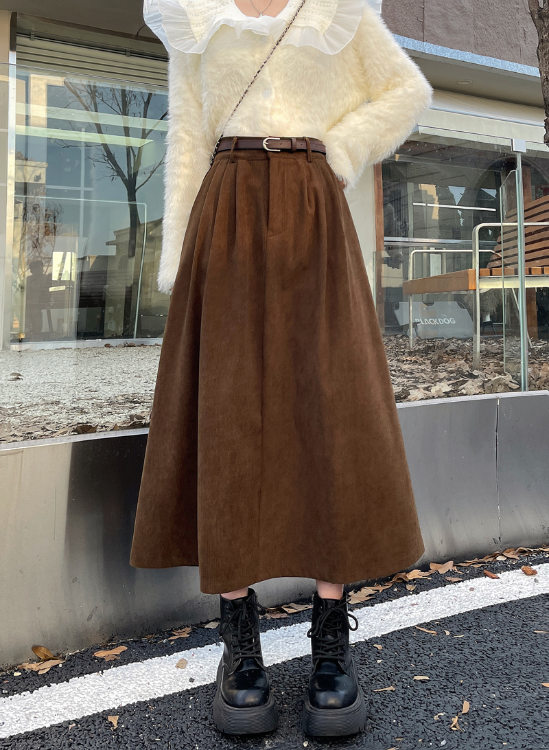 Actual shot ~ free belt, new autumn and winter high-waisted slimming crotch-covering corduroy mid-length skirt
