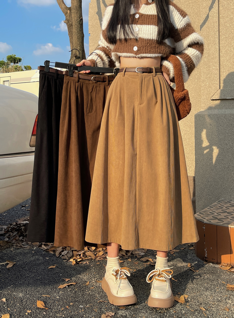 Real shot ~ free belt  autumn and winter new corduroy high-waist slimming crotch-covering mid-length skirt