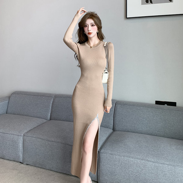 RM24850#气质开叉烫钻弹力针织连衣裙收腰显瘦小众设计感裙子