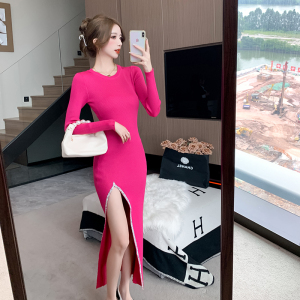 RM24850#气质开叉烫钻弹力针织连衣裙收腰显瘦小众设计感裙子