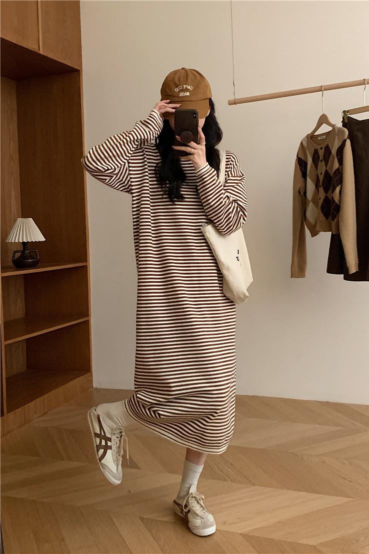 Actual shot of new autumn style~Korean striped sweater dress for women, lazy pullover, loose long-sleeved knitted dress