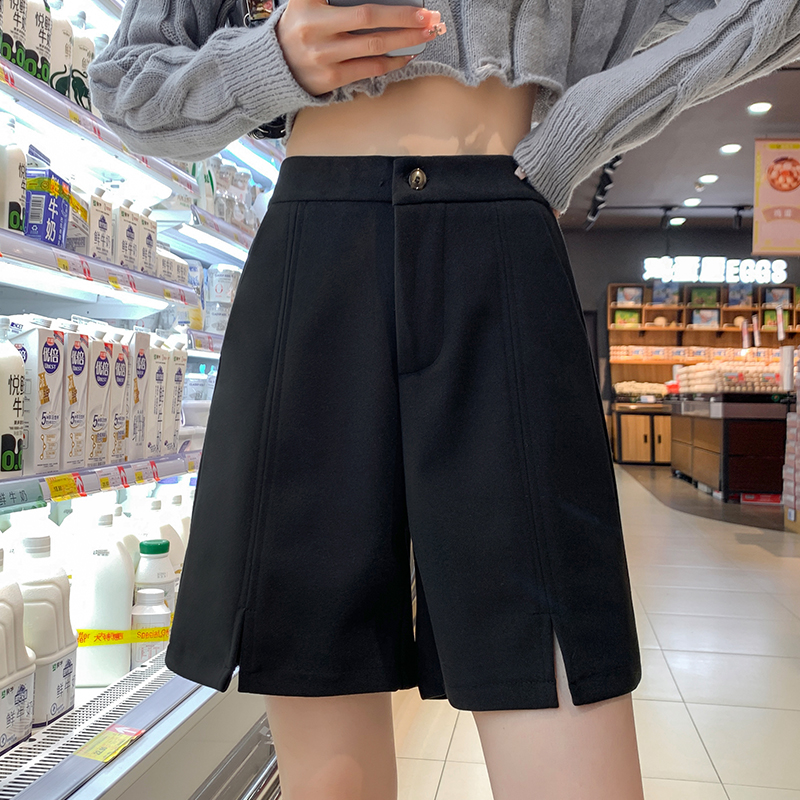 Actual shot of Korean style large size solid color versatile casual pants for women winter slit straight five-quarter length A-line shorts and boot pants