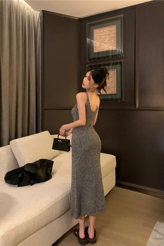Real shot of chic gray knitted suspender dress for women with slim waist and slimming skirt